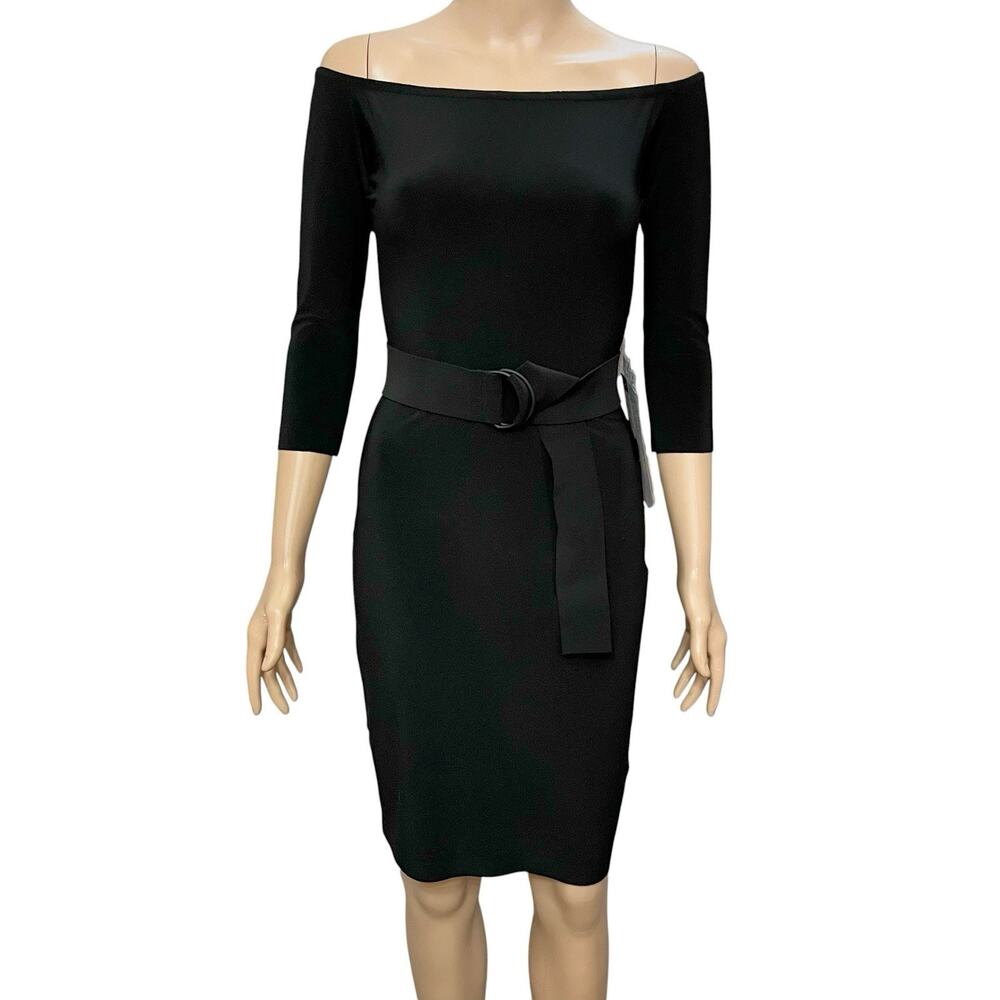 Norma Kamali Off The Shoulder Knee Length Dress XS Black Belted Sheath Jersey
